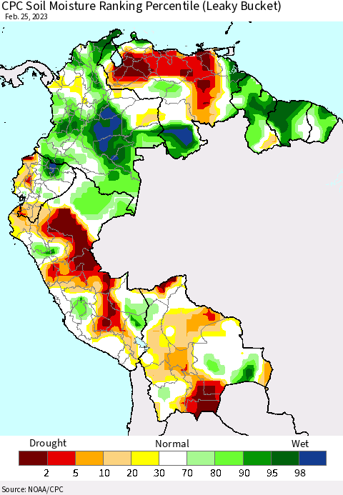 Northern South America CPC Calculated Soil Moisture Ranking Percentile Thematic Map For 2/21/2023 - 2/25/2023