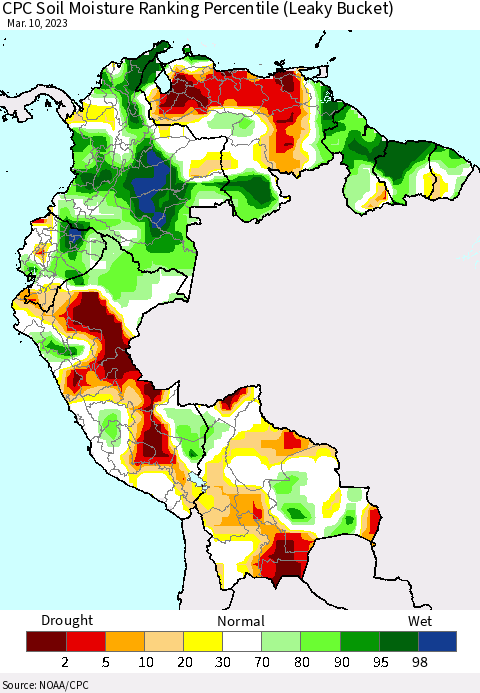 Northern South America CPC Soil Moisture Ranking Percentile (Leaky Bucket) Thematic Map For 3/6/2023 - 3/10/2023