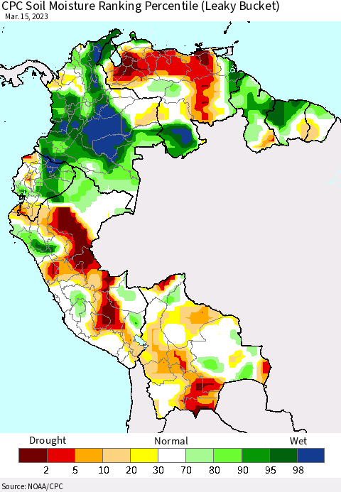 Northern South America CPC Calculated Soil Moisture Ranking Percentile Thematic Map For 3/11/2023 - 3/15/2023