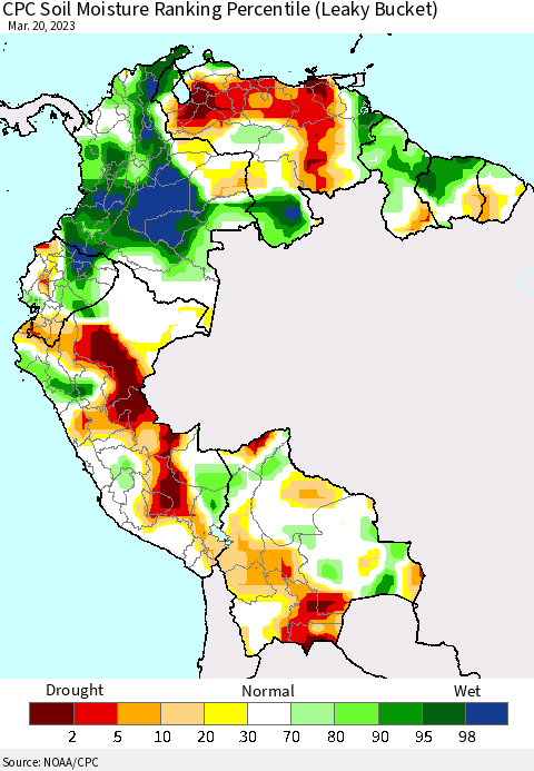 Northern South America CPC Soil Moisture Ranking Percentile (Leaky Bucket) Thematic Map For 3/16/2023 - 3/20/2023