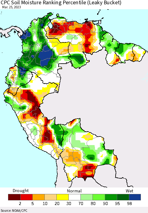Northern South America CPC Soil Moisture Ranking Percentile (Leaky Bucket) Thematic Map For 3/21/2023 - 3/25/2023