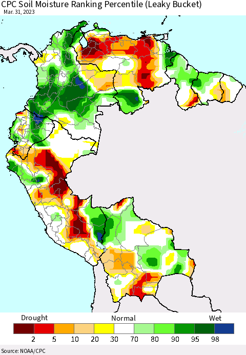 Northern South America CPC Soil Moisture Ranking Percentile (Leaky Bucket) Thematic Map For 3/26/2023 - 3/31/2023