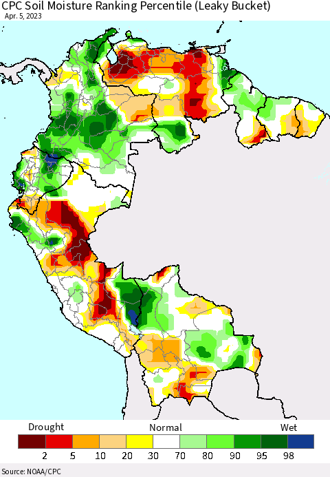 Northern South America CPC Soil Moisture Ranking Percentile (Leaky Bucket) Thematic Map For 4/1/2023 - 4/5/2023