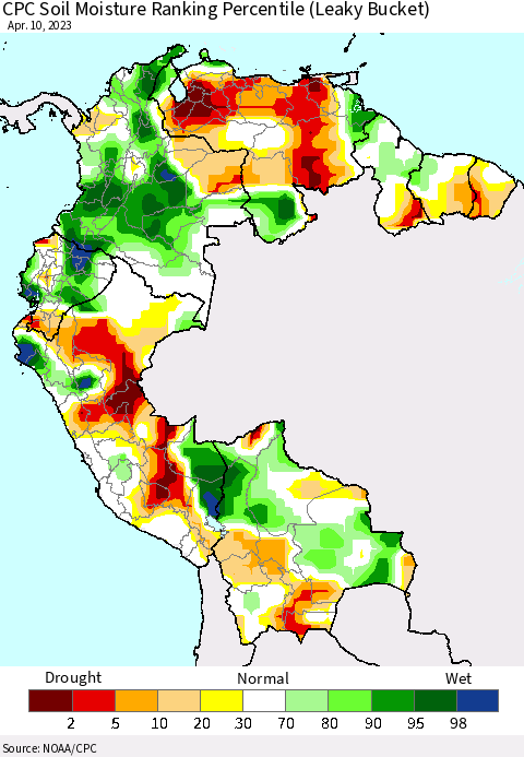 Northern South America CPC Soil Moisture Ranking Percentile (Leaky Bucket) Thematic Map For 4/6/2023 - 4/10/2023