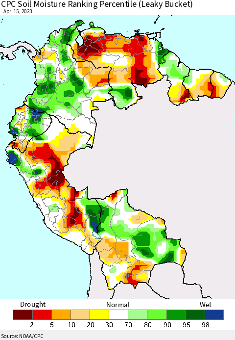 Northern South America CPC Soil Moisture Ranking Percentile (Leaky Bucket) Thematic Map For 4/11/2023 - 4/15/2023