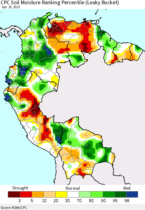 Northern South America CPC Soil Moisture Ranking Percentile (Leaky Bucket) Thematic Map For 4/16/2023 - 4/20/2023