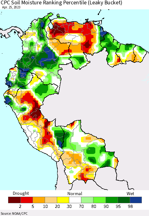 Northern South America CPC Soil Moisture Ranking Percentile (Leaky Bucket) Thematic Map For 4/21/2023 - 4/25/2023