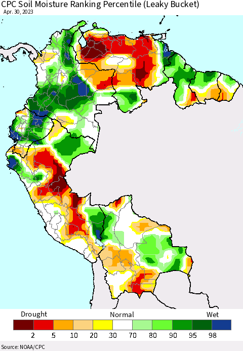 Northern South America CPC Soil Moisture Ranking Percentile (Leaky Bucket) Thematic Map For 4/26/2023 - 4/30/2023