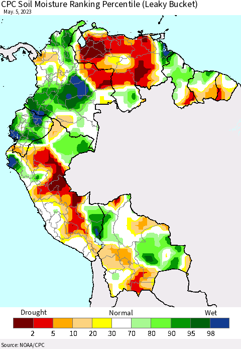 Northern South America CPC Soil Moisture Ranking Percentile (Leaky Bucket) Thematic Map For 5/1/2023 - 5/5/2023