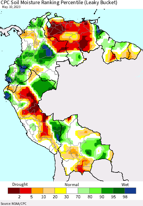 Northern South America CPC Soil Moisture Ranking Percentile (Leaky Bucket) Thematic Map For 5/6/2023 - 5/10/2023