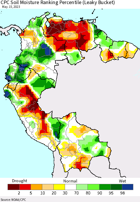 Northern South America CPC Soil Moisture Ranking Percentile (Leaky Bucket) Thematic Map For 5/11/2023 - 5/15/2023