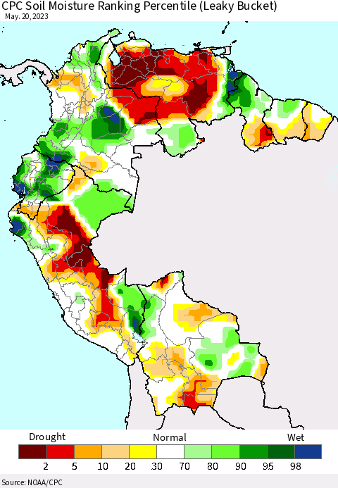 Northern South America CPC Soil Moisture Ranking Percentile (Leaky Bucket) Thematic Map For 5/16/2023 - 5/20/2023