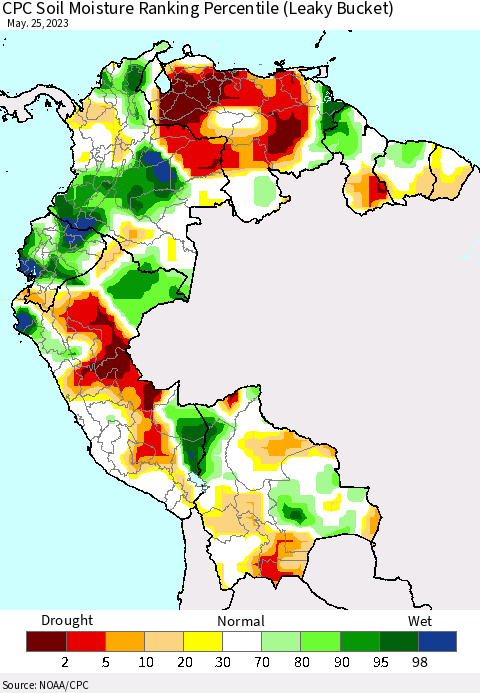 Northern South America CPC Soil Moisture Ranking Percentile (Leaky Bucket) Thematic Map For 5/21/2023 - 5/25/2023