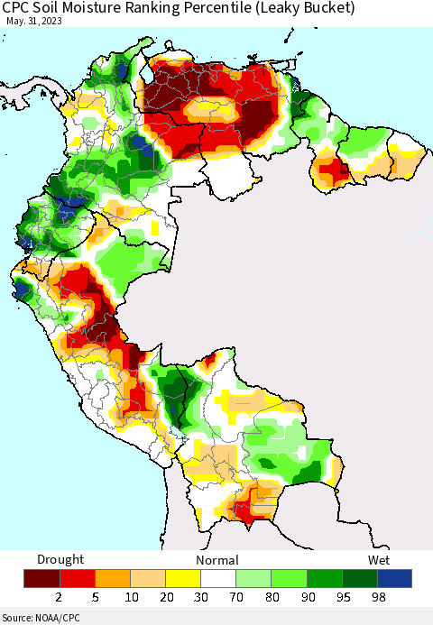 Northern South America CPC Soil Moisture Ranking Percentile (Leaky Bucket) Thematic Map For 5/26/2023 - 5/31/2023