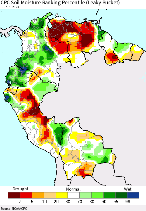 Northern South America CPC Soil Moisture Ranking Percentile (Leaky Bucket) Thematic Map For 6/1/2023 - 6/5/2023