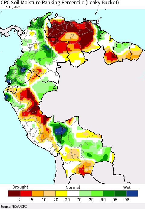 Northern South America CPC Soil Moisture Ranking Percentile (Leaky Bucket) Thematic Map For 6/11/2023 - 6/15/2023