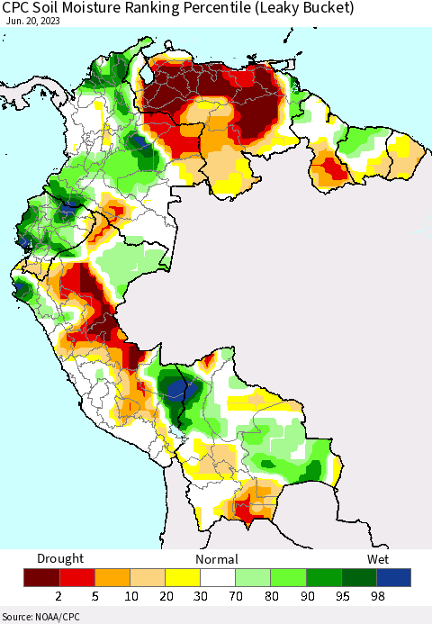 Northern South America CPC Soil Moisture Ranking Percentile (Leaky Bucket) Thematic Map For 6/16/2023 - 6/20/2023