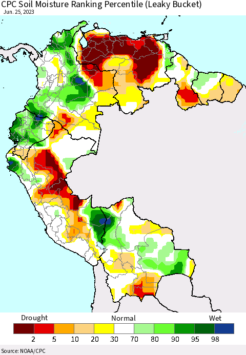 Northern South America CPC Soil Moisture Ranking Percentile (Leaky Bucket) Thematic Map For 6/21/2023 - 6/25/2023