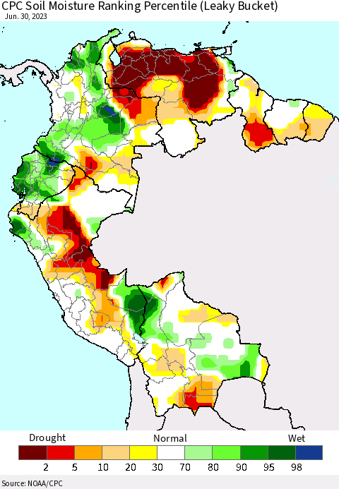 Northern South America CPC Soil Moisture Ranking Percentile (Leaky Bucket) Thematic Map For 6/26/2023 - 6/30/2023