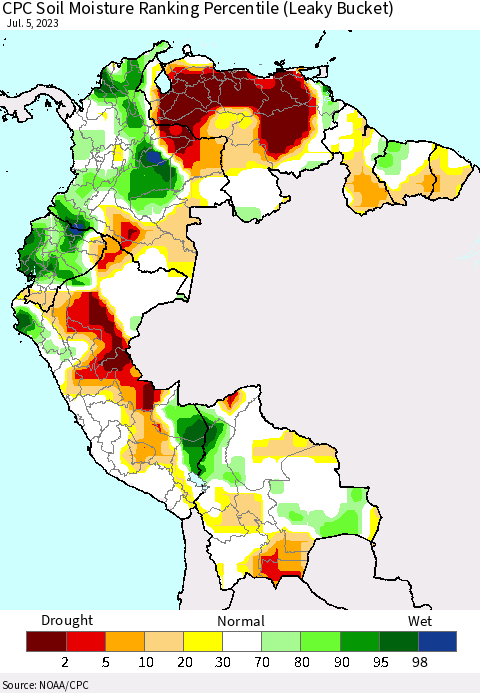 Northern South America CPC Soil Moisture Ranking Percentile (Leaky Bucket) Thematic Map For 7/1/2023 - 7/5/2023
