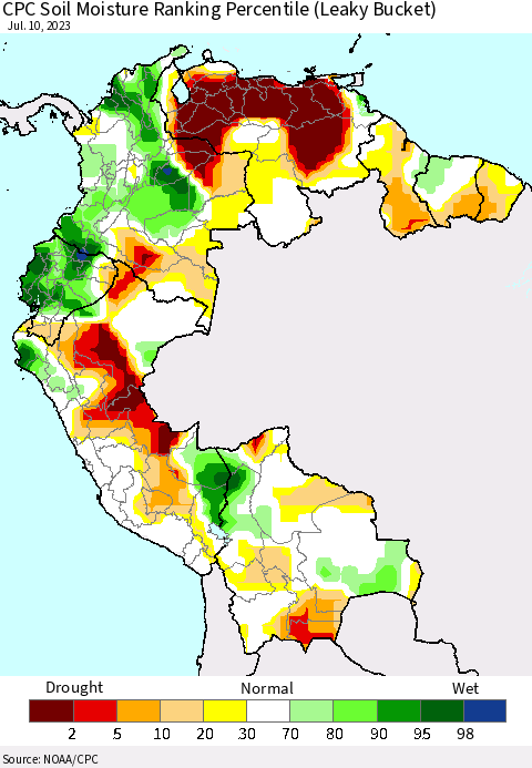Northern South America CPC Soil Moisture Ranking Percentile (Leaky Bucket) Thematic Map For 7/6/2023 - 7/10/2023
