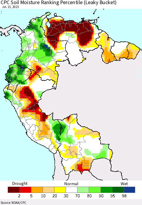 Northern South America CPC Soil Moisture Ranking Percentile (Leaky Bucket) Thematic Map For 7/11/2023 - 7/15/2023