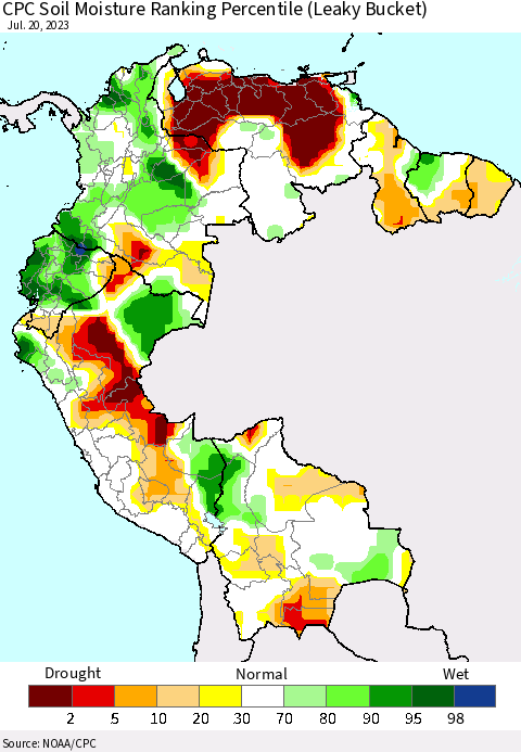 Northern South America CPC Soil Moisture Ranking Percentile (Leaky Bucket) Thematic Map For 7/16/2023 - 7/20/2023