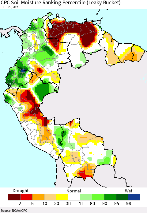 Northern South America CPC Soil Moisture Ranking Percentile (Leaky Bucket) Thematic Map For 7/21/2023 - 7/25/2023