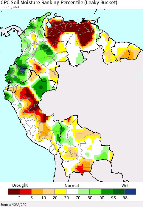 Northern South America CPC Soil Moisture Ranking Percentile (Leaky Bucket) Thematic Map For 7/26/2023 - 7/31/2023
