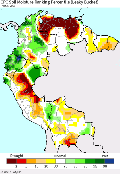 Northern South America CPC Soil Moisture Ranking Percentile (Leaky Bucket) Thematic Map For 8/1/2023 - 8/5/2023
