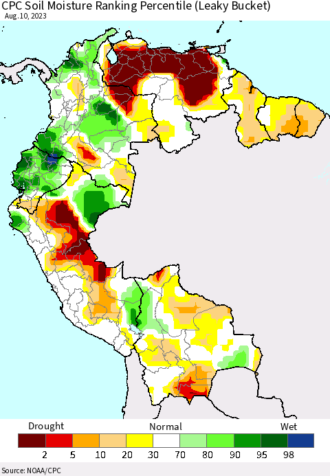 Northern South America CPC Soil Moisture Ranking Percentile (Leaky Bucket) Thematic Map For 8/6/2023 - 8/10/2023