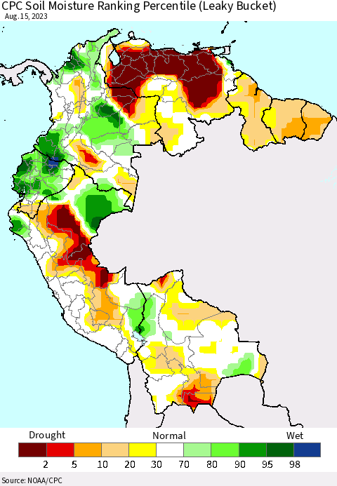 Northern South America CPC Soil Moisture Ranking Percentile (Leaky Bucket) Thematic Map For 8/11/2023 - 8/15/2023