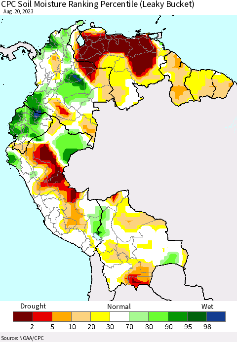 Northern South America CPC Soil Moisture Ranking Percentile (Leaky Bucket) Thematic Map For 8/16/2023 - 8/20/2023