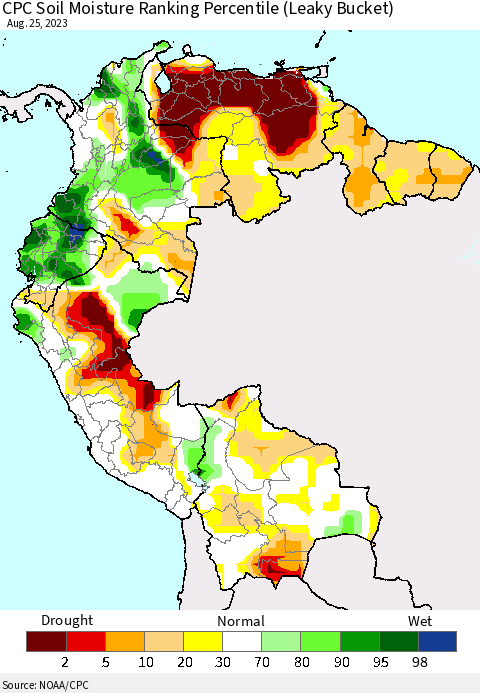 Northern South America CPC Soil Moisture Ranking Percentile (Leaky Bucket) Thematic Map For 8/21/2023 - 8/25/2023