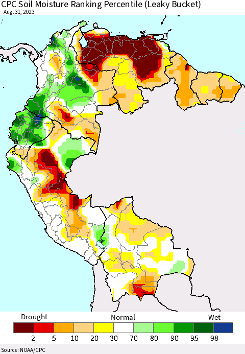 Northern South America CPC Soil Moisture Ranking Percentile (Leaky Bucket) Thematic Map For 8/26/2023 - 8/31/2023