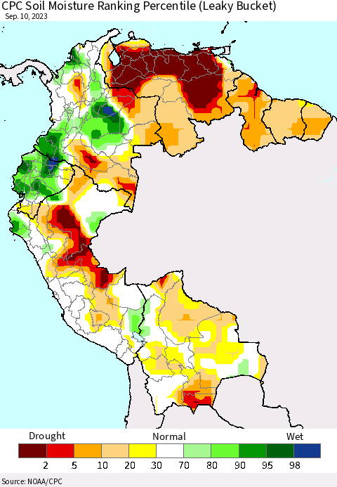 Northern South America CPC Soil Moisture Ranking Percentile (Leaky Bucket) Thematic Map For 9/6/2023 - 9/10/2023