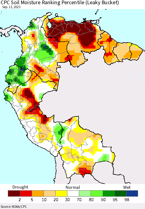 Northern South America CPC Soil Moisture Ranking Percentile (Leaky Bucket) Thematic Map For 9/11/2023 - 9/15/2023