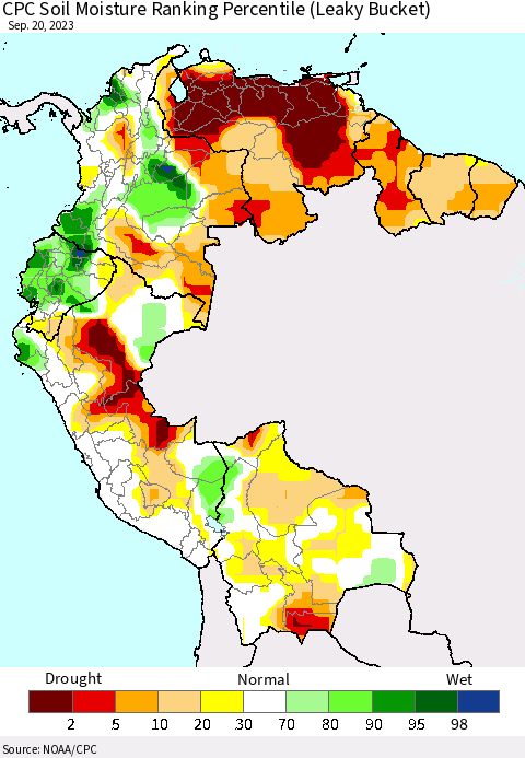 Northern South America CPC Soil Moisture Ranking Percentile (Leaky Bucket) Thematic Map For 9/16/2023 - 9/20/2023