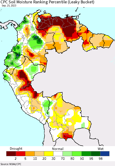 Northern South America CPC Soil Moisture Ranking Percentile (Leaky Bucket) Thematic Map For 9/21/2023 - 9/25/2023
