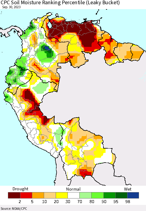 Northern South America CPC Soil Moisture Ranking Percentile (Leaky Bucket) Thematic Map For 9/26/2023 - 9/30/2023