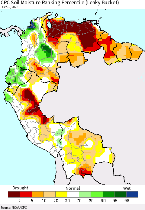 Northern South America CPC Soil Moisture Ranking Percentile (Leaky Bucket) Thematic Map For 10/1/2023 - 10/5/2023