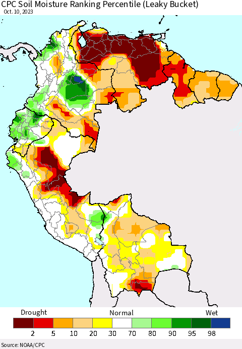 Northern South America CPC Soil Moisture Ranking Percentile (Leaky Bucket) Thematic Map For 10/6/2023 - 10/10/2023