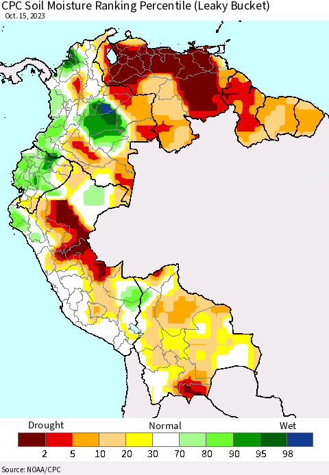 Northern South America CPC Soil Moisture Ranking Percentile (Leaky Bucket) Thematic Map For 10/11/2023 - 10/15/2023