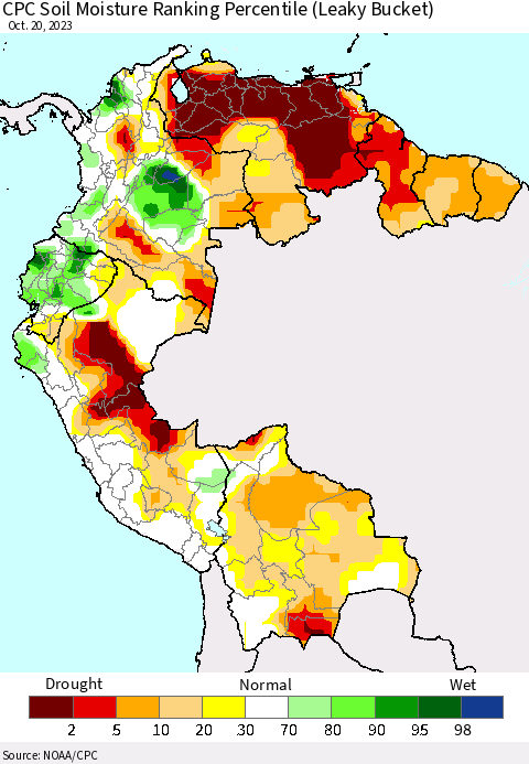 Northern South America CPC Soil Moisture Ranking Percentile (Leaky Bucket) Thematic Map For 10/16/2023 - 10/20/2023