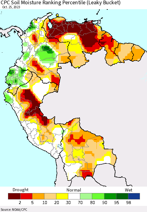 Northern South America CPC Soil Moisture Ranking Percentile (Leaky Bucket) Thematic Map For 10/21/2023 - 10/25/2023