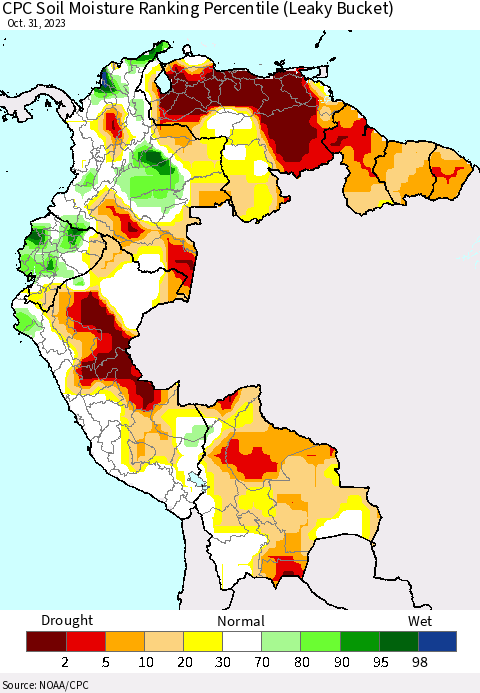 Northern South America CPC Soil Moisture Ranking Percentile (Leaky Bucket) Thematic Map For 10/26/2023 - 10/31/2023