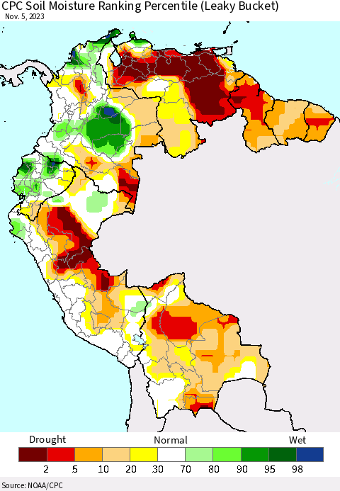 Northern South America CPC Soil Moisture Ranking Percentile (Leaky Bucket) Thematic Map For 11/1/2023 - 11/5/2023