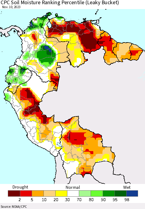 Northern South America CPC Soil Moisture Ranking Percentile (Leaky Bucket) Thematic Map For 11/6/2023 - 11/10/2023