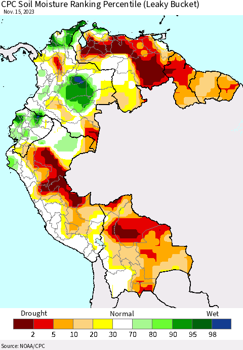 Northern South America CPC Soil Moisture Ranking Percentile (Leaky Bucket) Thematic Map For 11/11/2023 - 11/15/2023