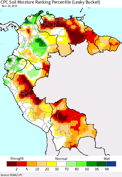 Northern South America CPC Soil Moisture Ranking Percentile (Leaky Bucket) Thematic Map For 11/16/2023 - 11/20/2023